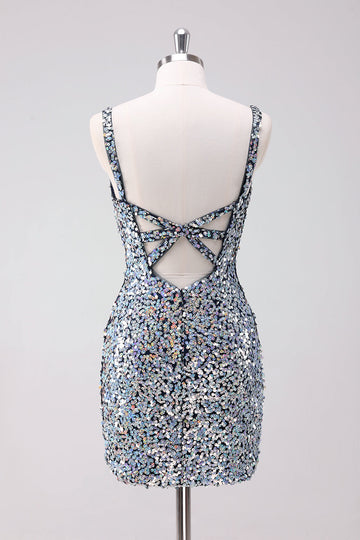 Glittrande Silver Bodycon V-ringad Kort Homecoming Klänning med Paljetter